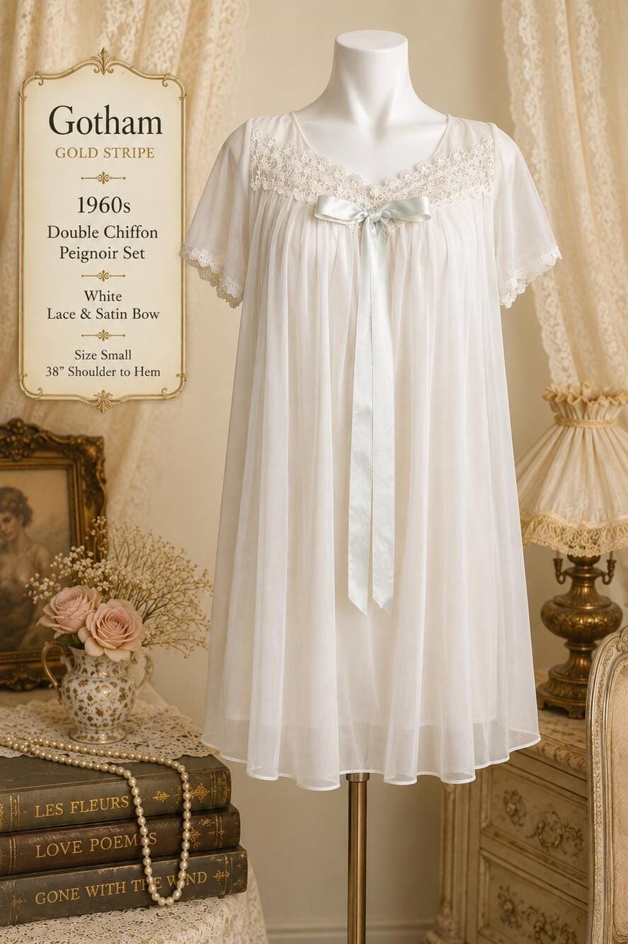 Vintage 1960s Gotham Gold Stripe White Double Chiffon Lace Peignoir Set Small